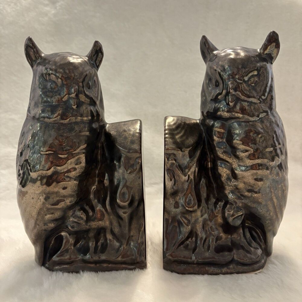 Vintage Owl Ceramic Bookends Bronze Look Glaze Set of 2 SEE REPAIR